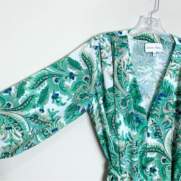 Cara Cara Paris Midi Dress (Sz XS/S) Long Sleeve Tie Waist Scroll Paisley Green